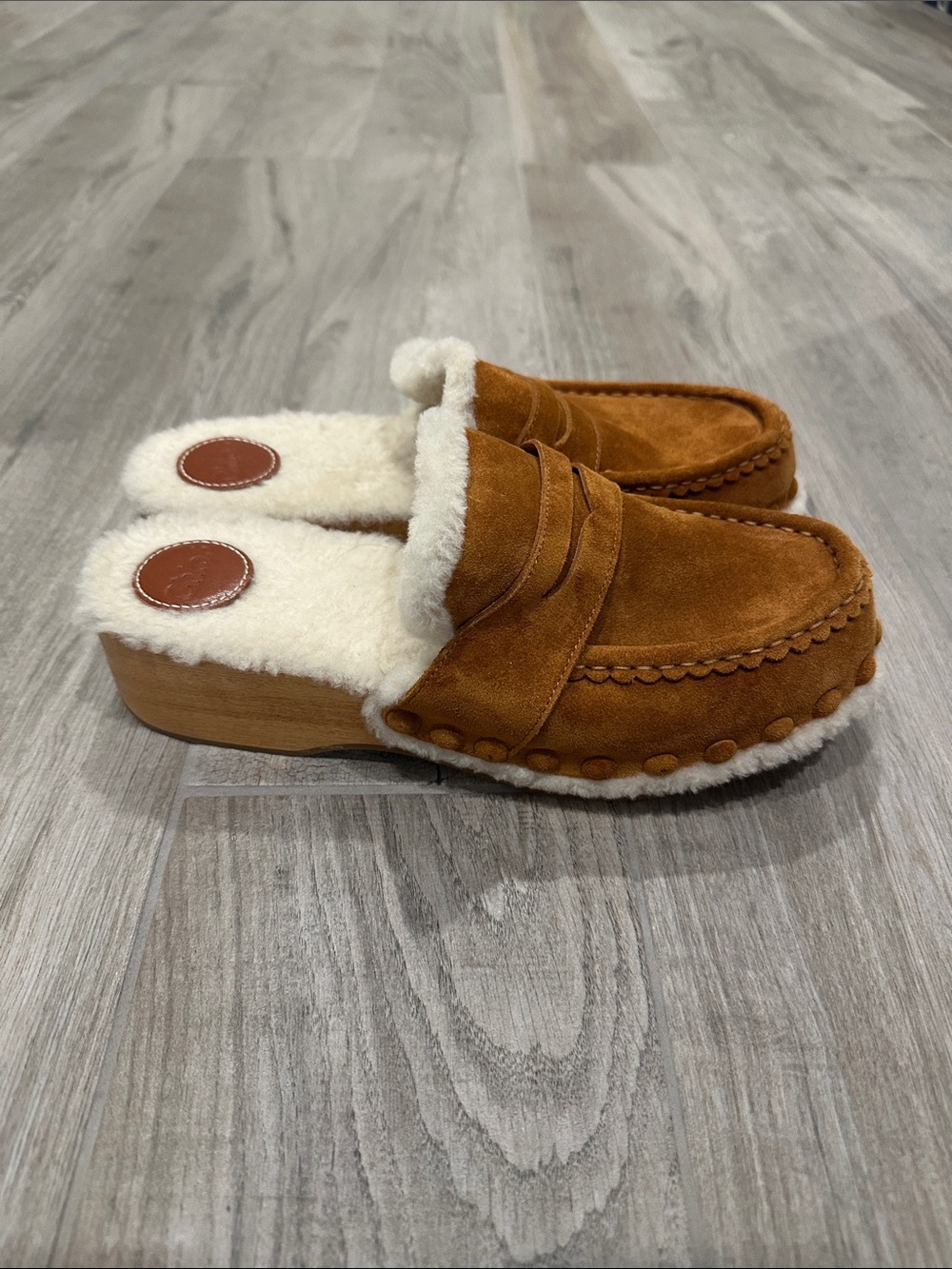 Chloe- Chestnut Suede Shearling Lined Clog Mules